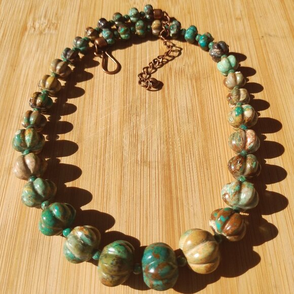 Jay King DTR mine finds green brown carved Turquoise necklace copper clasp - Picture 6 of 9